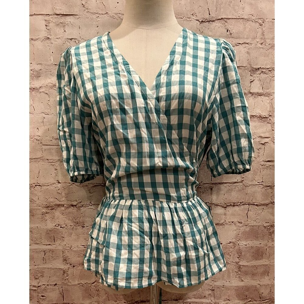 Loft Wrap Blouse Green Gingham Check Top Short Puff Sleeve Tie Waist Size S